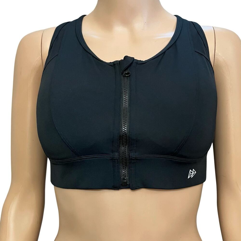 Yvette Power Cross Racerback Running Sports Bra M+ Zip Front Black Lined Active